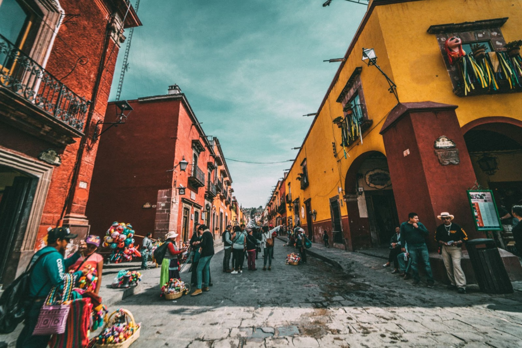 Busy street view of San Miguel de Allende in Mexico